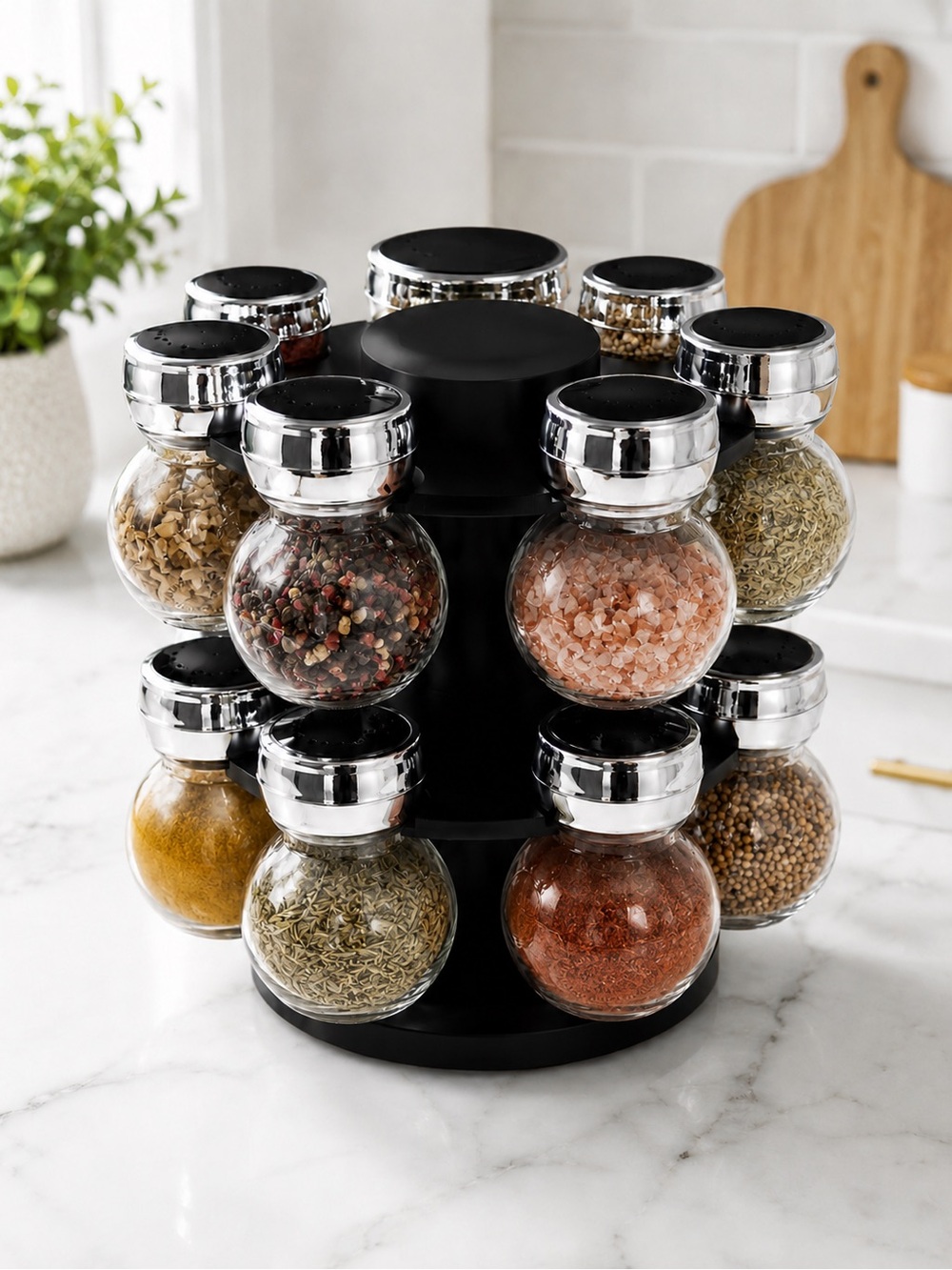 Black Rotating Spice Rack Set with Glass Jars - Sleek Kitchen Organizer-NWT